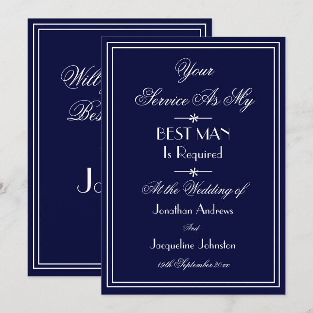 Best Man Wedding Custom Elegant Navy Blue Proposal Invitation (Front/Back)
