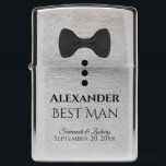 Best Man Wedding Favor Cute Black Bow Tie Tuxedo Zippo Lighter<br><div class="desc">This Zippo lighter makes a wonderful gift for your Best Man. Features a cute design with a black bow tie and three buttons, resembling a tuxedo. The text reads "Best Man" and there is space for his name, the couple's names, and the wedding date. Great way to thank him for...</div>