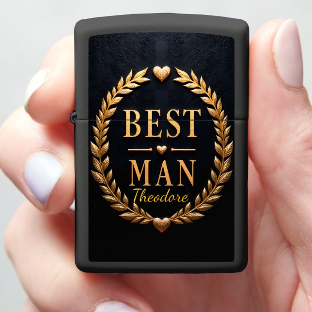 Best Man Wedding Gold Laurel Badge Zippo Lighter (In Hand)
