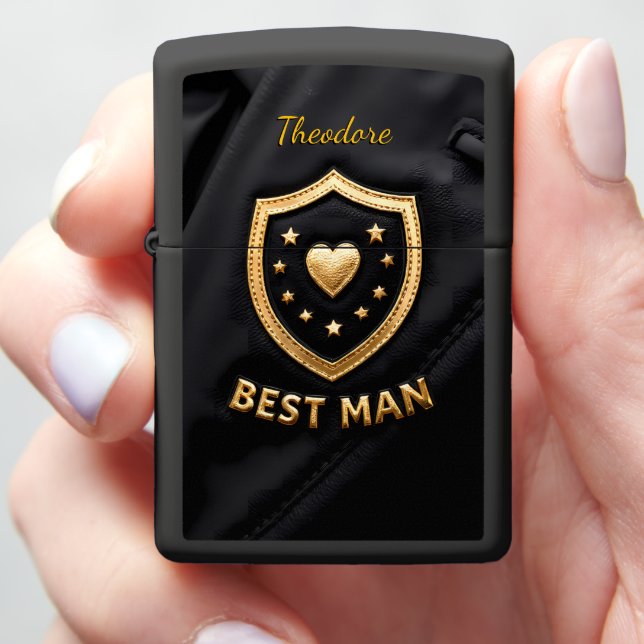 Best Man Wedding Golden Star Shield Zippo Lighter (In Hand)