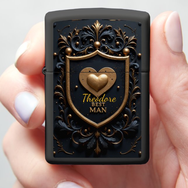 Best Man Wedding Ornate Shield Heart Zippo Lighter (In Hand)