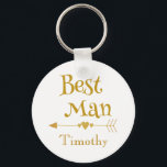 Best man wedding remembrance keychain<br><div class="desc">A lovely token of your appreciation, let your bestman know that you appreciate him supporting you in your wedding. Featured on a white background, "Bestman" is written in nice gold colored font. Under the text is a heart arrow followed by a place to enter his name. Add this keychain to...</div>