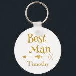 Best man wedding remembrance keychain<br><div class="desc">A lovely token of your appreciation, let your bestman know that you appreciate him supporting you in your wedding. Featured on a white background, "Bestman" is written in nice gold colored font. Under the text is a heart arrow followed by a place to enter his name. Add this keychain to...</div>