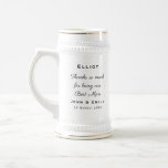 Best Man Wedding Thanks Gift/Cheers/Name Beer Stein<br><div class="desc">Say thanks to your Best Man on your wedding day with this elegant stein with "Cheers" in gold script typography on one side, and easily personalised black text on the other, for his name, your message, your names and wedding date. You can also change this text color to another of...</div>