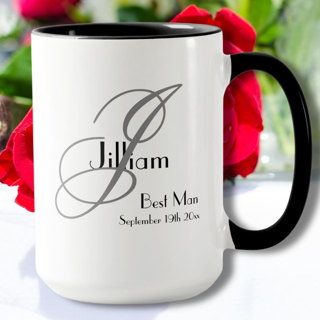 Best Man White Black Gray Monogram + Name + Date Mug (A Lovely Best Man Gift - White, Black & Gray Mug Design with Monogram, Name and Date.)