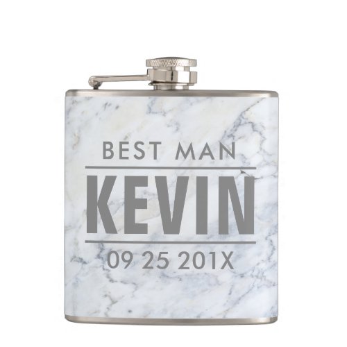 Best Man White Faux Marble Silver Accents Flask