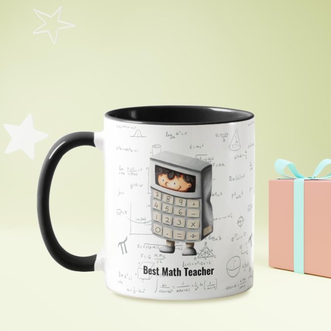 Best Math Teacher Formulas Equations Cartoon Mug (Best math teacher mug with a formula background pattern and a person in calculator costume)