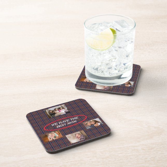 Best Mom 4 Family Photos Tartan Plaids Freestyle  Beverage Coaster (Right Side)