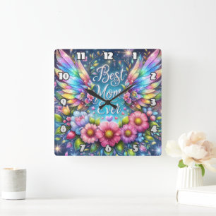 Best Mom: Angel Wings, Floral Tribute Square Wall Clock