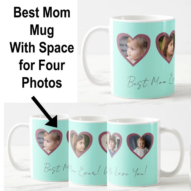 Best Mom Aqua Teal Hearts Four Kids Photo Collage  Coffee Mug (Creator Uploaded)
