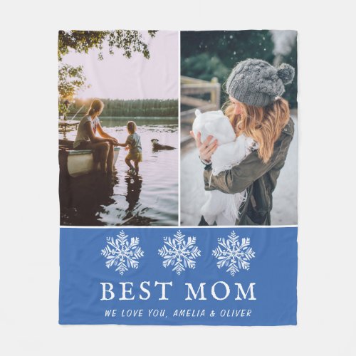 Best Mom Blue Snowflake 2 Custom Photos Mother Fleece Blanket