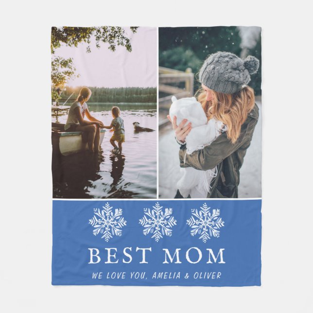 Best Mom Blue Snowflake 2 Custom Photos Mother Fleece Blanket (Front)