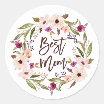Best Mom | Bohemian Watercolor Floral Wreath Classic Round Sticker by misstallulah at Zazzle