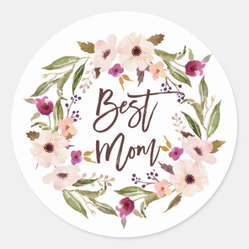 Best Mom  Bohemian Watercolor Floral Wreath Classic Round Sticker