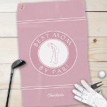 Best Mom By Par Elegant Sports Golfer Female Pink Golf Towel<br><div class="desc">"Best Mom By Par!" Funny custom design features a female golfer silhouette in trendy pink line art on a white circle bordered with curved text in crisp white font on a coordinating shade of darker pink. You will also find a modern template for a monogrammed name, initials or custom text....</div>