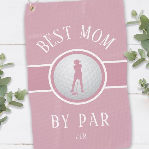 Best Mom By Par Golf Quote Monogram Pink  White Golf Towel