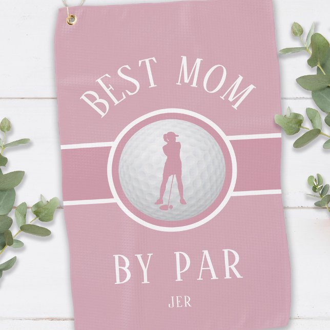 Best Mom By Par Golf Quote Monogram Pink & White Golf Towel (Best Mom By Par Golf Quote Custom Monogram or Name Pink & White Golf Towel For Her)