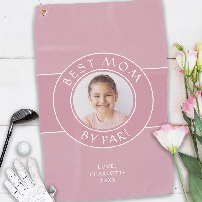 Best Mom By Par Golfer Photo Fun Gift Pink Custom Golf Towel (Best Mom By Par Golfer Photo Fun Gift Pink Custom Unique Golf Towel)
