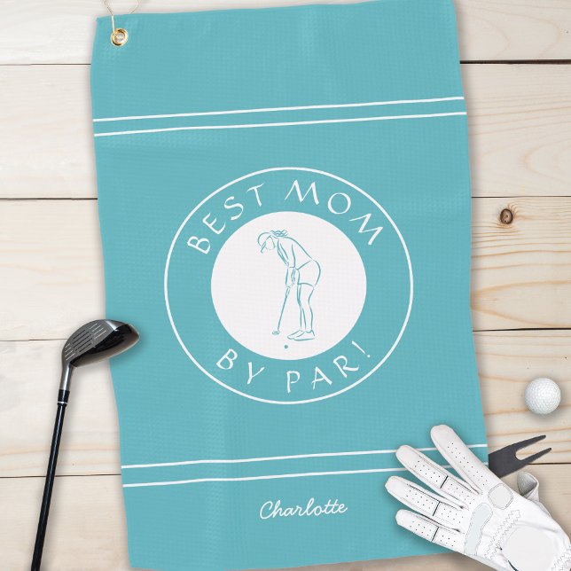 Best Mom By Par Golfer Pro Funny Teal Female Girly Golf Towel (Creator Uploaded)