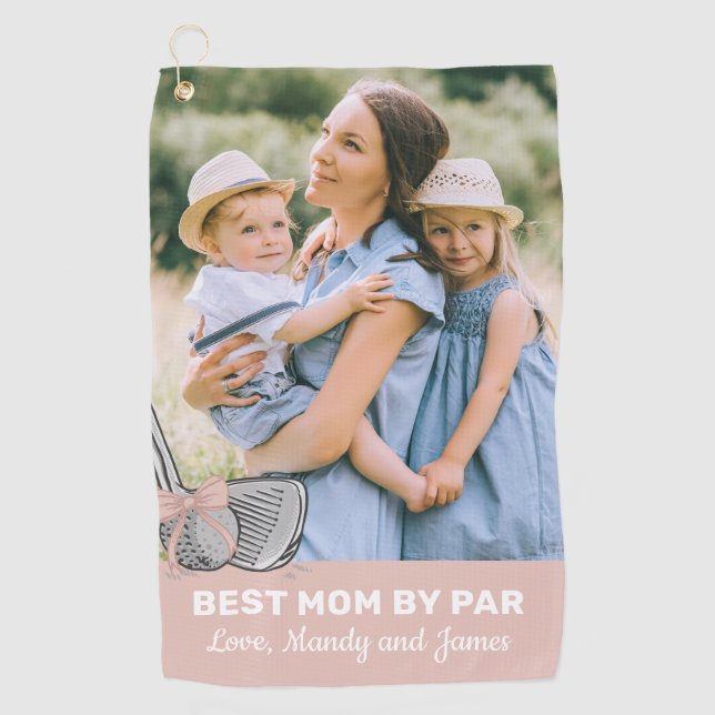 Best Mom By Par Photo Pink Bow Golf Towel (Front)