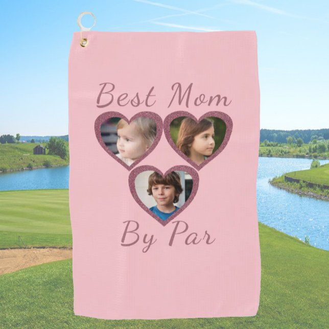 Best Mom By Par Pink Hearts 3 Kids Photo Collage Golf Towel (Creator Uploaded)