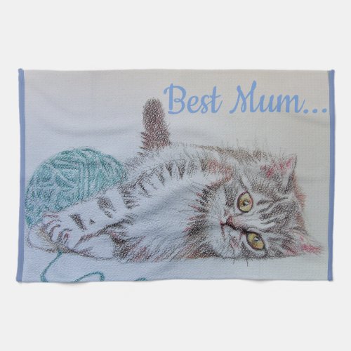 Best Mom Cute Cat drawing Art Kitchen Tea Towel