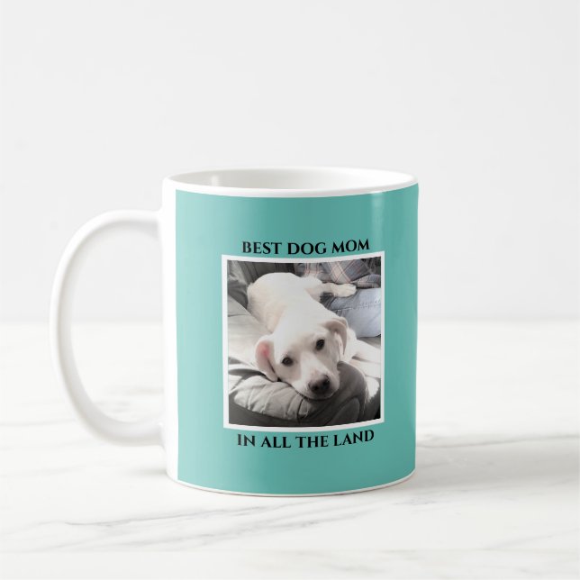 Best Mom Cute Puppy Dog Light Teal Blue Heart Coffee Mug (Left)