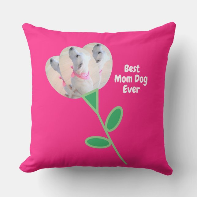Best Mom Cute White Puppy Dog Flower Hot Pink  Throw Pillow (Front)
