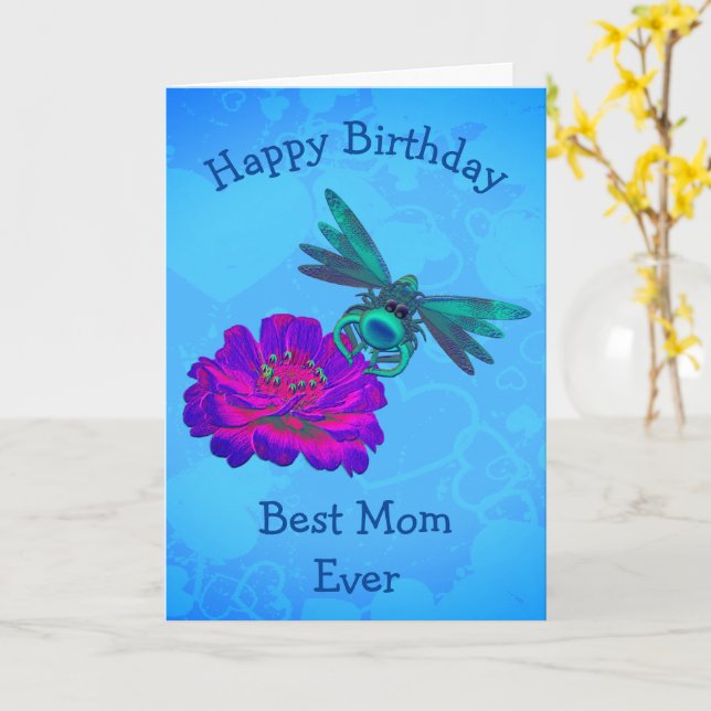 Best Mom Dragonfly Personalized Birthday Card (Yellow Flower)