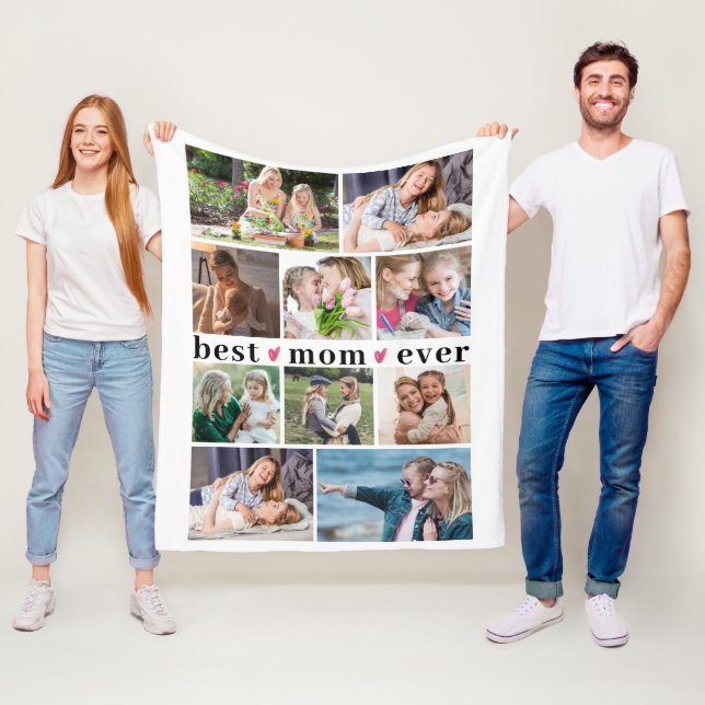 BEST MOM EVER 10 Photos Collage White Custom Fleece Blanket (In Situ)