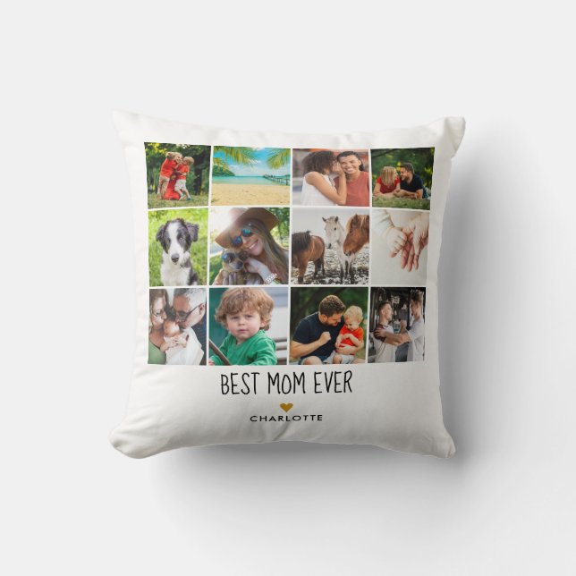 Best Mom Ever 12 Photo Collage Gold Heart Throw Pillow (Front)