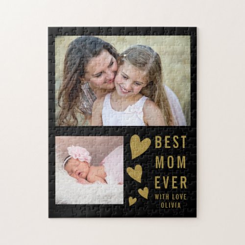 Best Mom Ever 2 Photo  Collage Black And Gold Jigsaw Puzzle