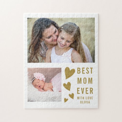 Best Mom Ever 2 Photo  Collage White And Gold Jigsaw Puzzle