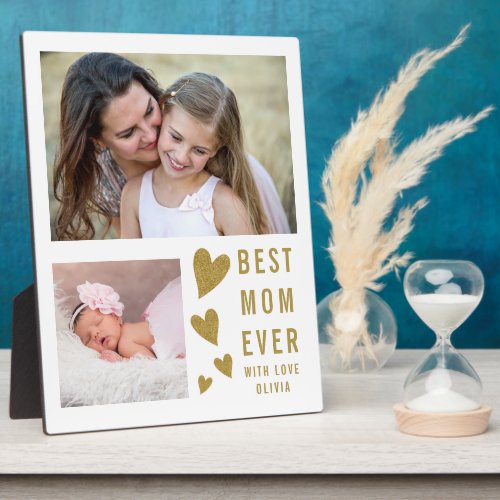 Best Mom Ever 2 Photo  Collage White And Gold Plaque