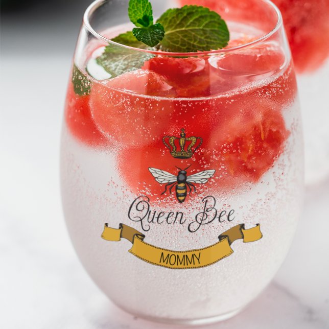 Best Mom Ever 2 Photos & Name Royal Queen Bee Stemless Wine Glass (Beautiful Royal Queen Bee & Gold Scroll with Customizable Texts on Front and Back. 2 Custom Photos)