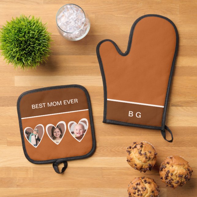 Best mom ever 3 children photo oven mitt & pot holder set (Top Down)