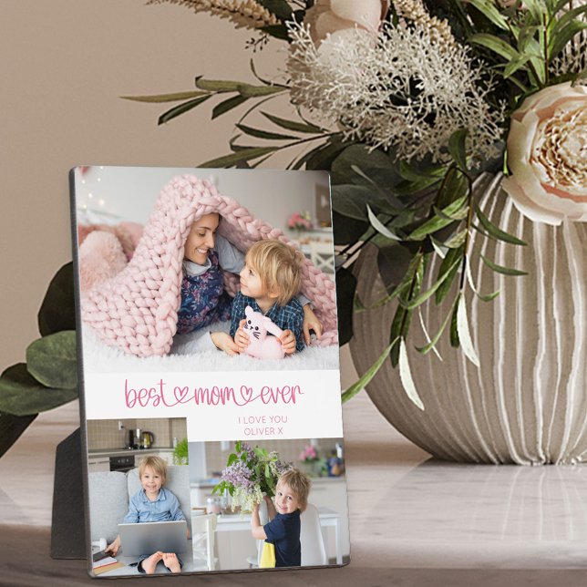 Best Mom Ever 3 Photo Cute Heart Typography Plaque (Creator Uploaded)
