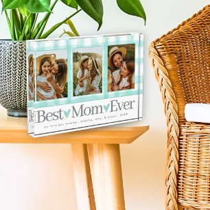 Best Mom Ever 3 Photo Mothers Day Gingham Hearts Block