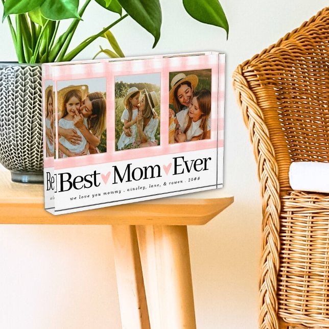 Best Mom Ever 3 Photo Mothers Day Gingham Hearts Block (Creator Uploaded)