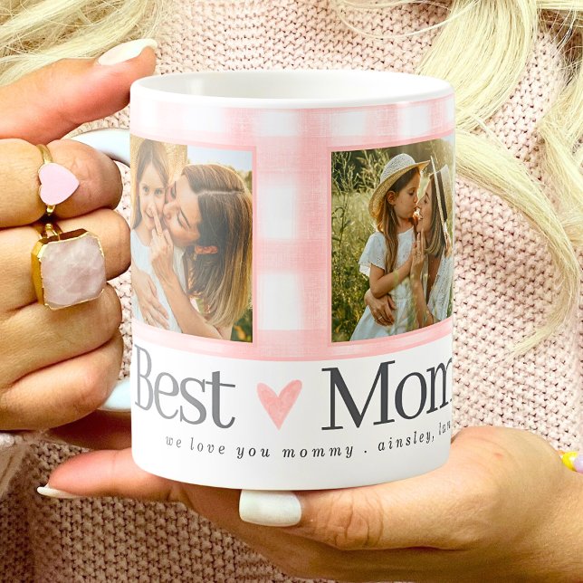 Best Mom Ever 3 Photo Mothers Day Gingham Hearts Coffee Mug (Creator Uploaded)