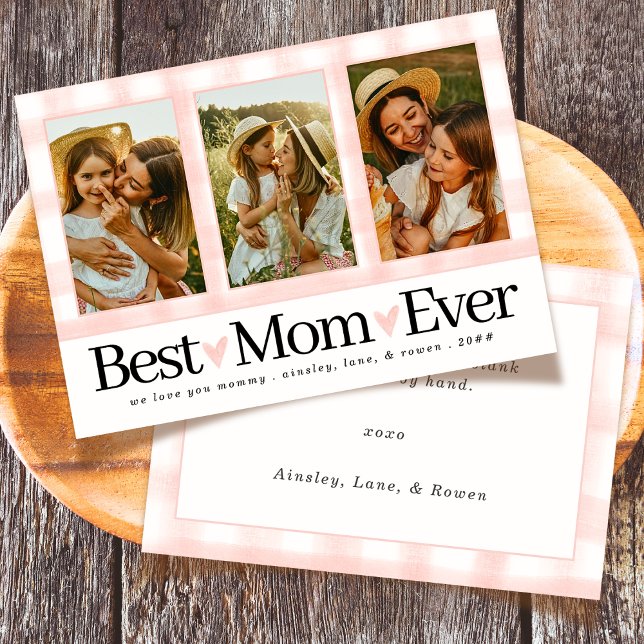 Best Mom Ever 3 Photo Mothers Day Gingham Hearts Holiday Card (Creator Uploaded)