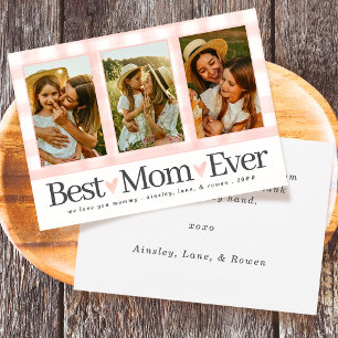 Best Mom Ever 3 Photo Mothers Day Gingham Hearts Holiday Card