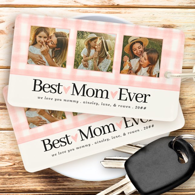 Best Mom Ever 3 Photo Mothers Day Gingham Hearts Keychain (Creator Uploaded)
