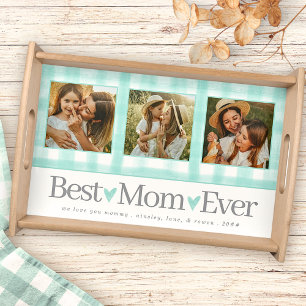 Best Mom Ever 3 Photo Mothers Day Gingham Hearts Serving Tray