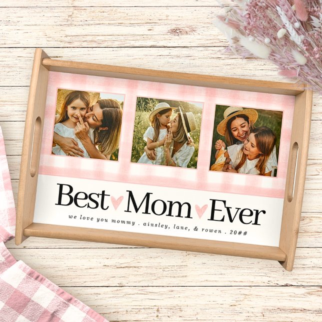 Best Mom Ever 3 Photo Mothers Day Gingham Hearts Serving Tray (Creator Uploaded)