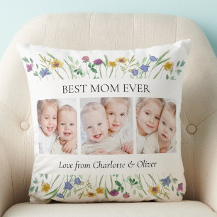 Best Mom Ever 3 Photos Floral Mother's Day Throw Pillow