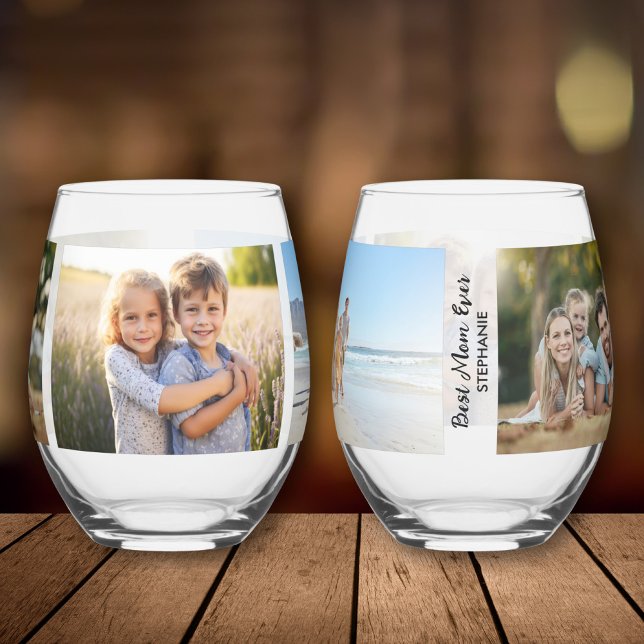 Best Mom Ever, 3 Photos, Personalized Custom Stemless Wine Glass (Creator Uploaded)
