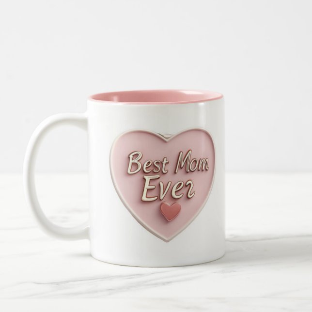 Best Mom Ever - 3d Heart with Gold Text Two-Tone Coffee Mug (Left)
