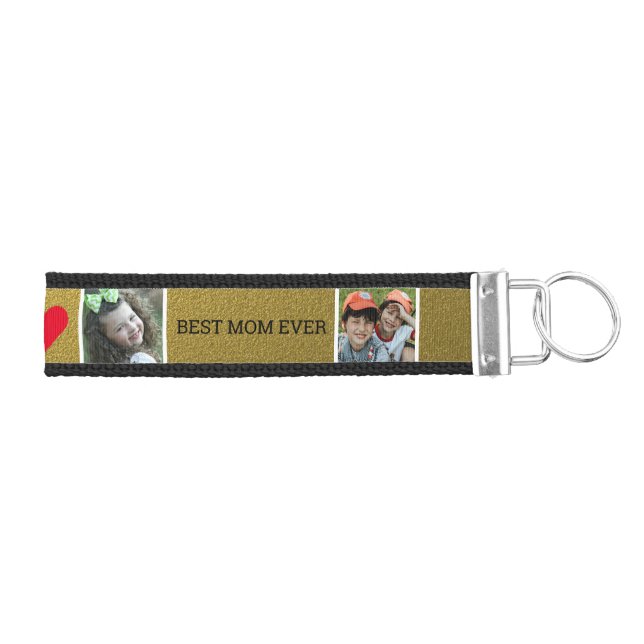 Best Mom Ever 4 Photo Collage Black And Gold Wrist Keychain (Keys on Right)