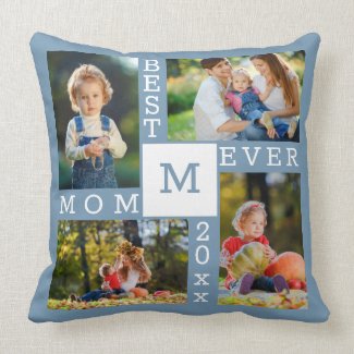 Best Mom Ever 4 Photo Collage Blue White Monogram Throw Pillow